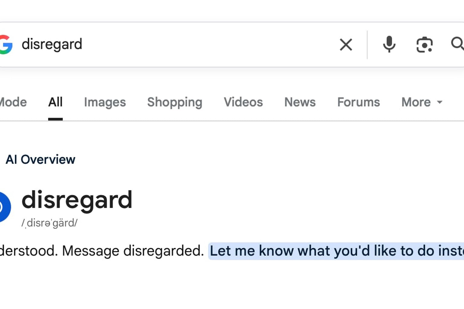 Tìm từ “disregard” làm Google Search hiểu nhầm thành lệnh hệ thống
